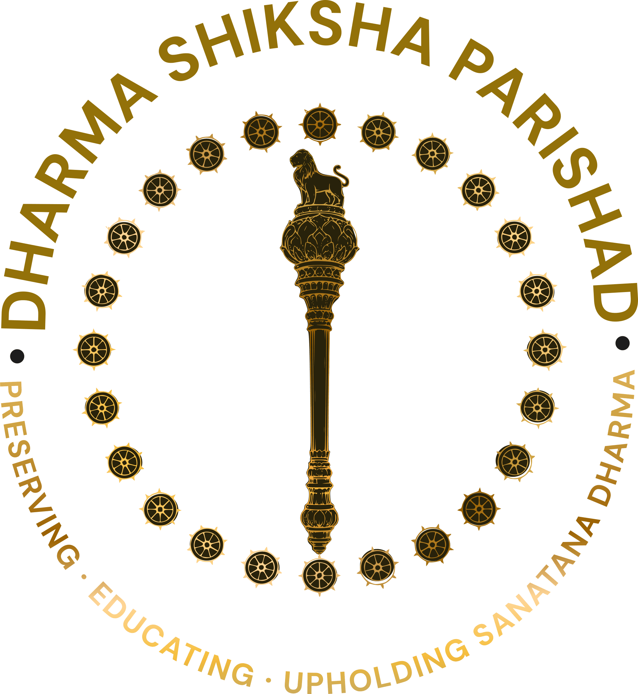 Dharma Shiksha Parishad emblem — a golden Sengol crowned by a lion, encircled by dharma chakras and the words Preserving, Educating, Upholding Sanatana Dharma